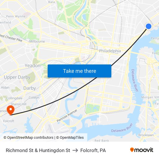 Richmond St & Huntingdon St to Folcroft, PA map