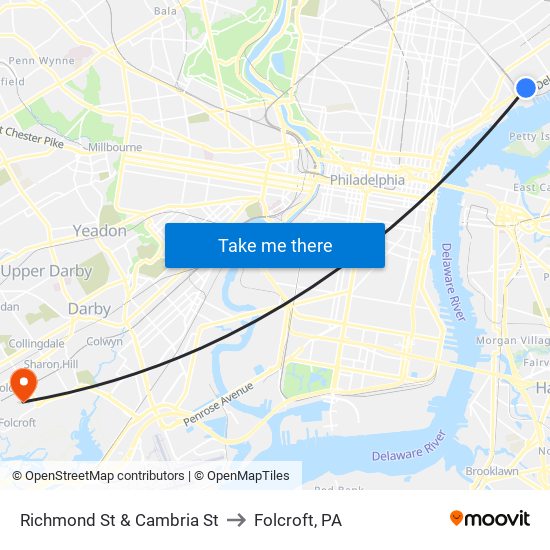 Richmond St & Cambria St to Folcroft, PA map