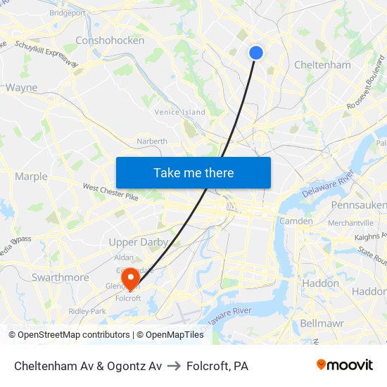 Cheltenham Av & Ogontz Av to Folcroft, PA map