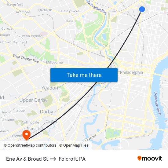 Erie Av & Broad St to Folcroft, PA map