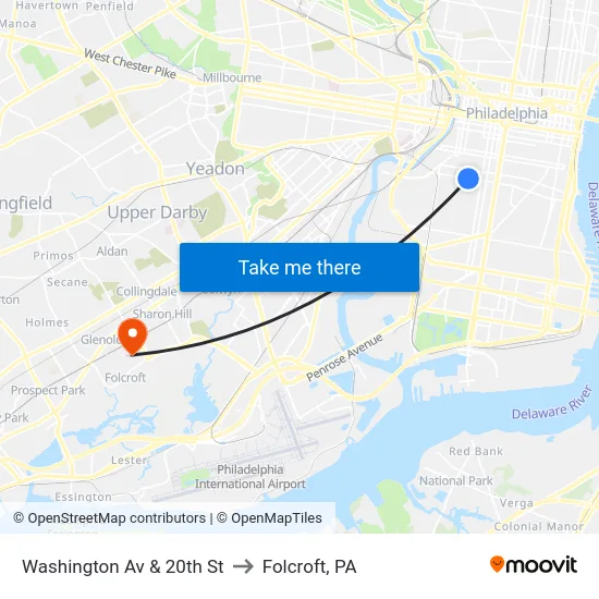 Washington Av & 20th St to Folcroft, PA map