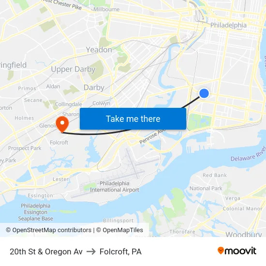 20th St & Oregon Av to Folcroft, PA map
