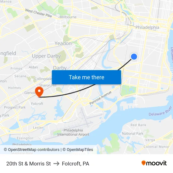 20th St & Morris St to Folcroft, PA map