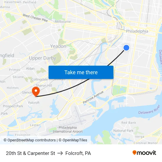 20th St & Carpenter St to Folcroft, PA map