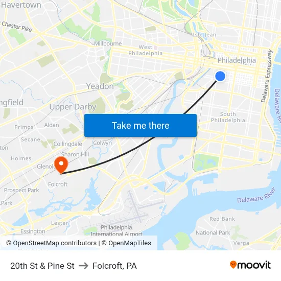 20th St & Pine St to Folcroft, PA map
