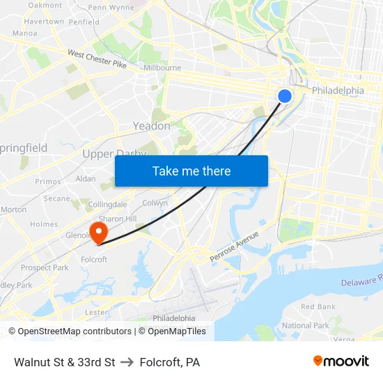 Walnut St & 33rd St to Folcroft, PA map