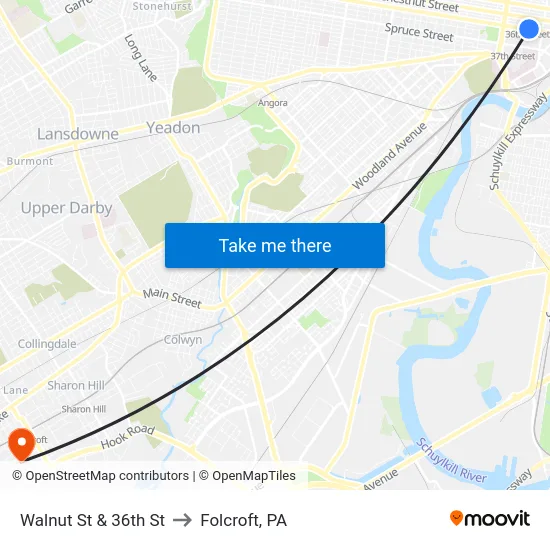 Walnut St & 36th St to Folcroft, PA map