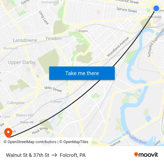 Walnut St & 37th St to Folcroft, PA map