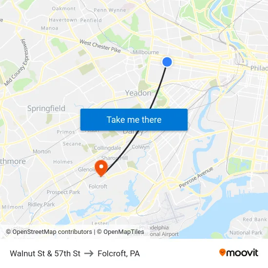 Walnut St & 57th St to Folcroft, PA map
