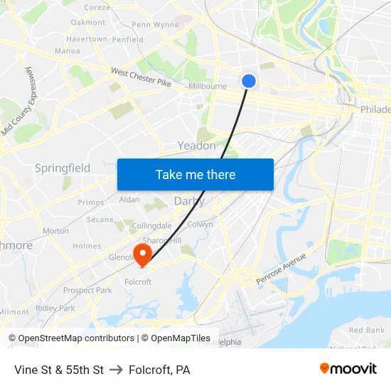 Vine St & 55th St to Folcroft, PA map