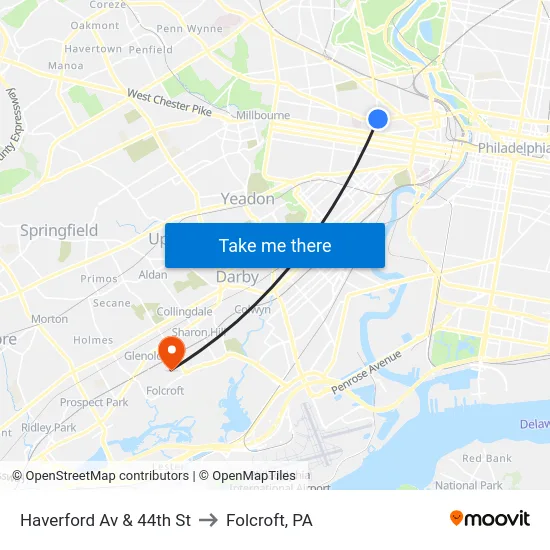 Haverford Av & 44th St to Folcroft, PA map
