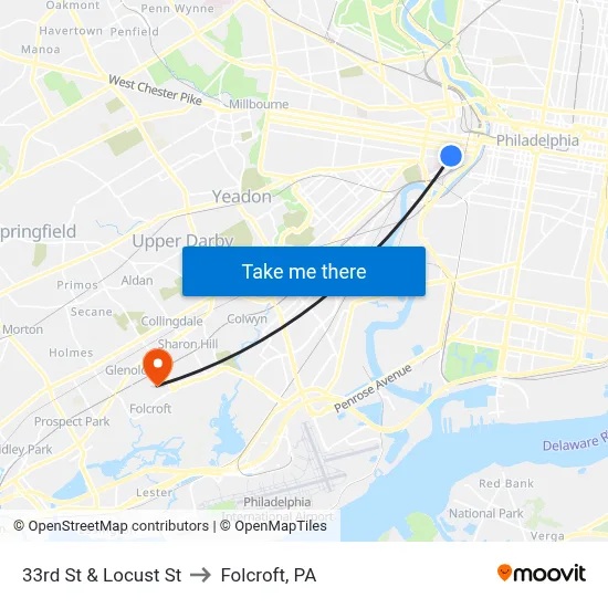 33rd St & Locust St to Folcroft, PA map