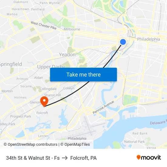 34th St & Walnut St - Fs to Folcroft, PA map