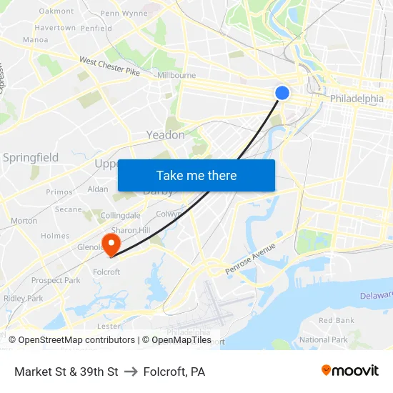 Market St & 39th St to Folcroft, PA map