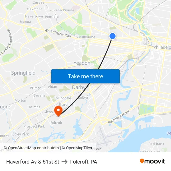 Haverford Av & 51st St to Folcroft, PA map