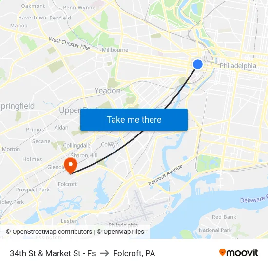 34th St & Market St - Fs to Folcroft, PA map