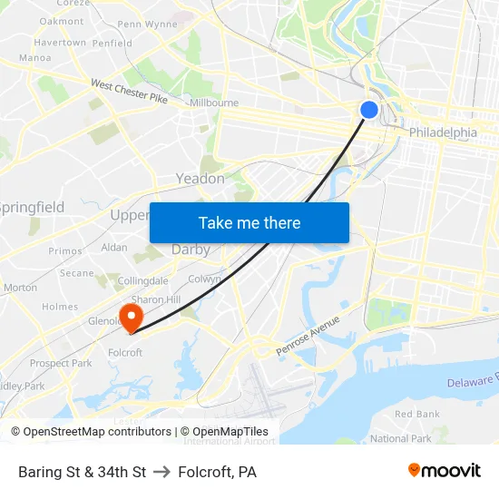 Baring St & 34th St to Folcroft, PA map