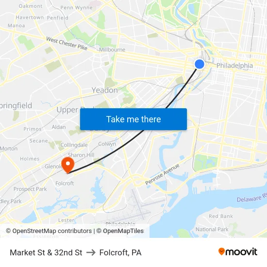 Market St & 32nd St to Folcroft, PA map