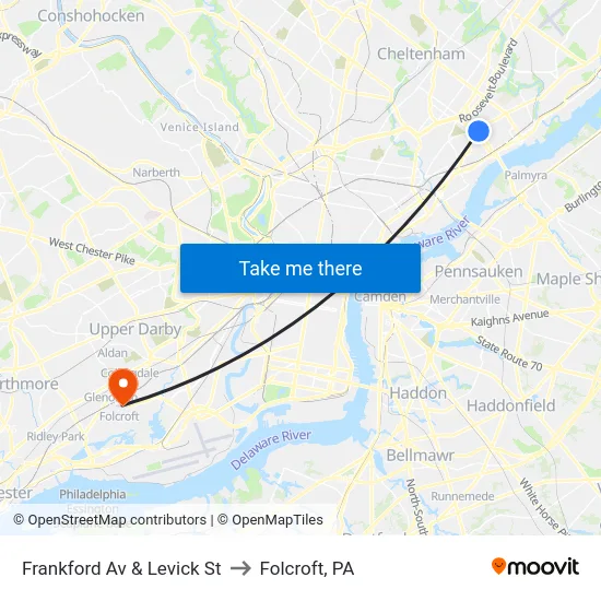 Frankford Av & Levick St to Folcroft, PA map