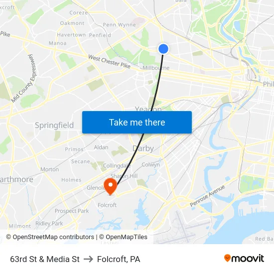63rd St & Media St to Folcroft, PA map