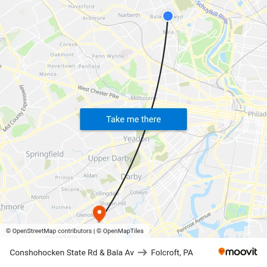 Conshohocken State Rd & Bala Av to Folcroft, PA map