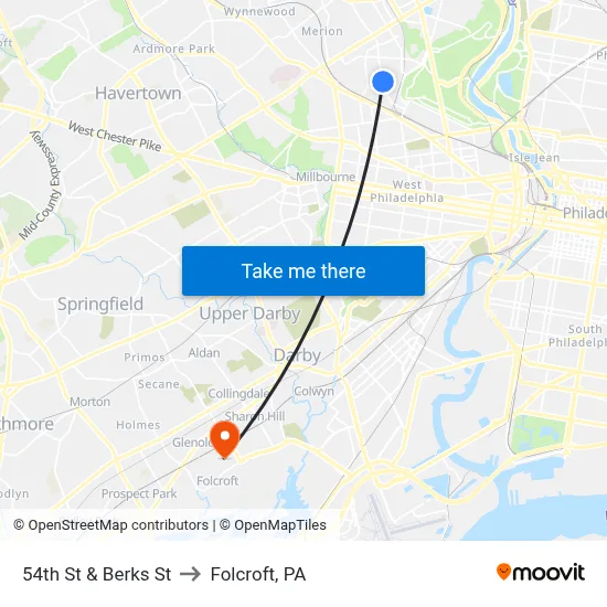 54th St & Berks St to Folcroft, PA map