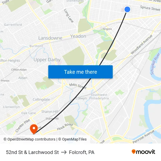 52nd St & Larchwood St to Folcroft, PA map