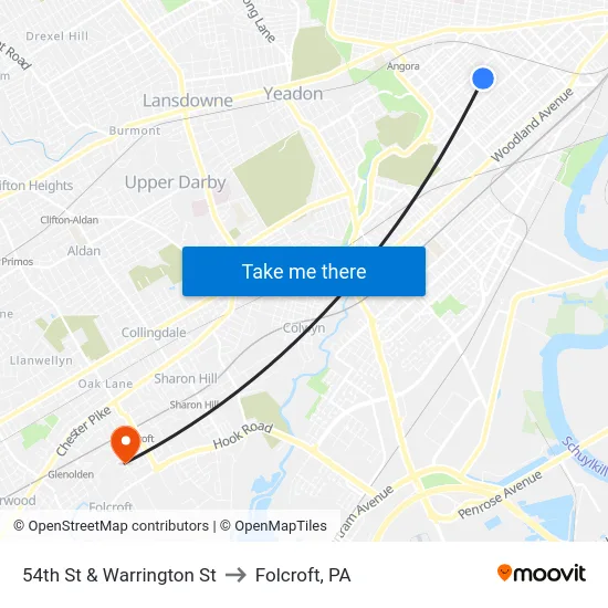 54th St & Warrington St to Folcroft, PA map