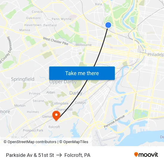 Parkside Av & 51st St to Folcroft, PA map
