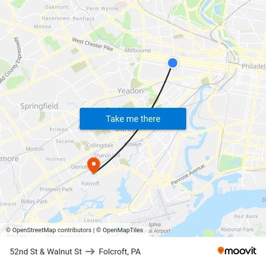 52nd St & Walnut St to Folcroft, PA map