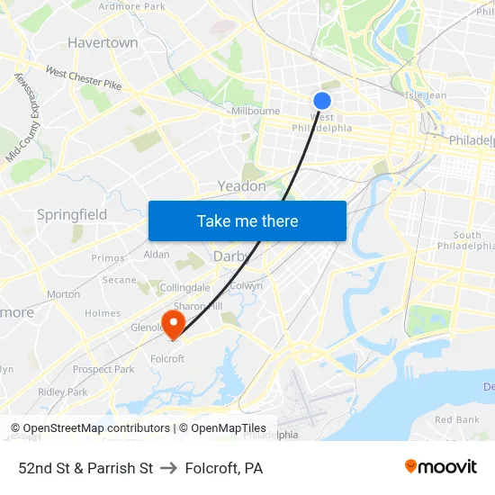52nd St & Parrish St to Folcroft, PA map