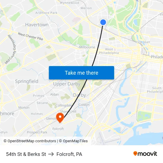 54th St & Berks St to Folcroft, PA map