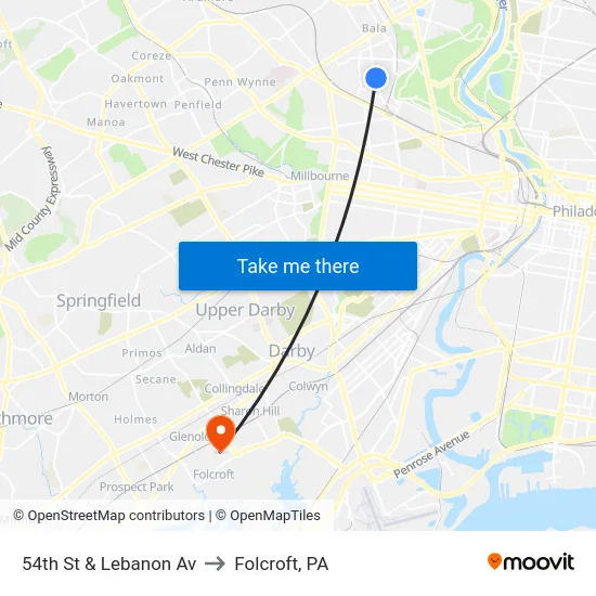 54th St & Lebanon Av to Folcroft, PA map
