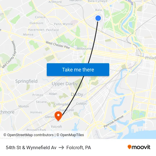 54th St & Wynnefield Av to Folcroft, PA map