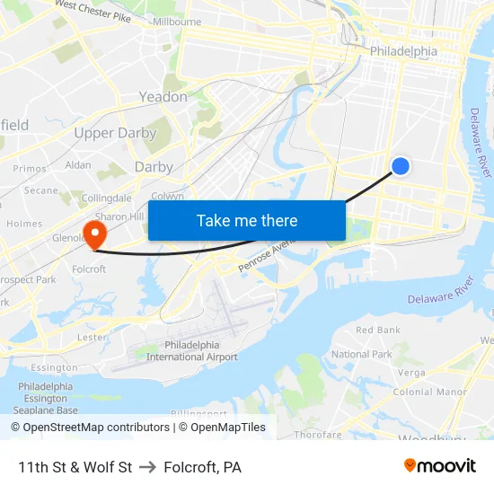 11th St & Wolf St to Folcroft, PA map