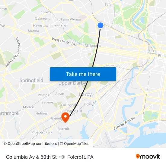 Columbia Av & 60th St to Folcroft, PA map