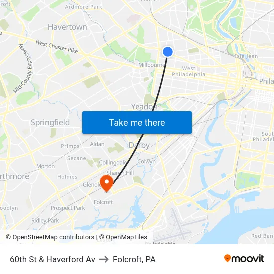 60th St & Haverford Av to Folcroft, PA map