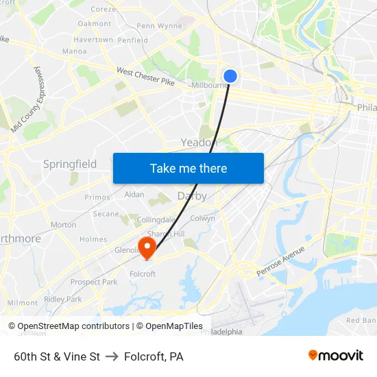 60th St & Vine St to Folcroft, PA map