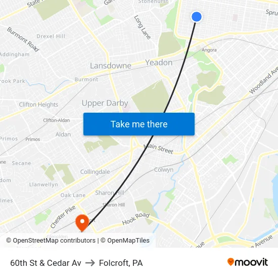 60th St & Cedar Av to Folcroft, PA map