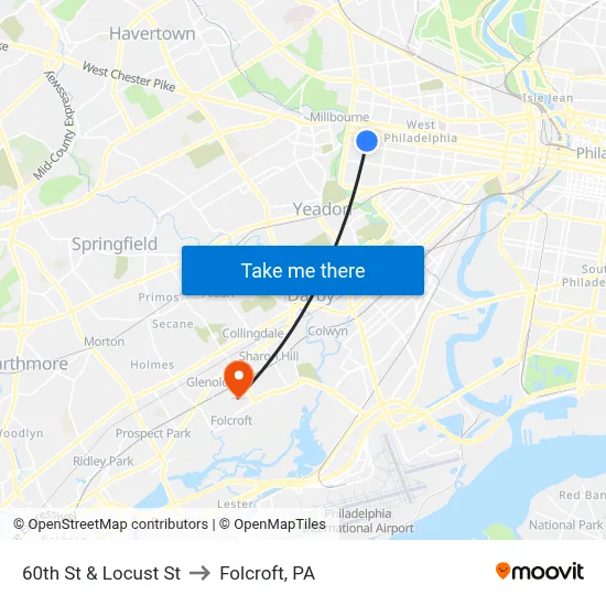 60th St & Locust St to Folcroft, PA map