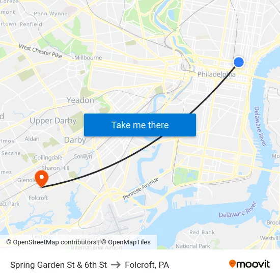 Spring Garden St & 6th St to Folcroft, PA map