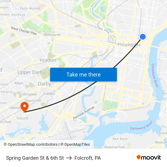 Spring Garden St & 6th St to Folcroft, PA map