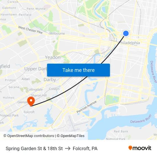 Spring Garden St & 18th St to Folcroft, PA map
