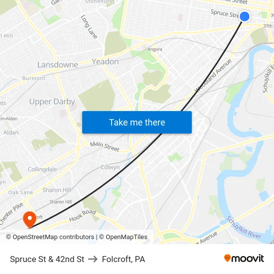 Spruce St & 42nd St to Folcroft, PA map