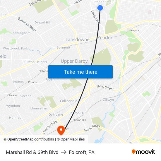 Marshall Rd & 69th Blvd to Folcroft, PA map