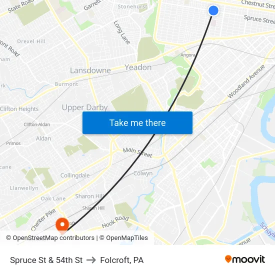 Spruce St & 54th St to Folcroft, PA map