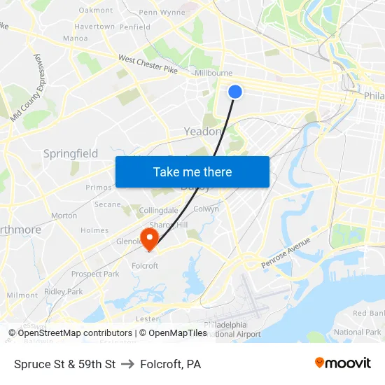 Spruce St & 59th St to Folcroft, PA map