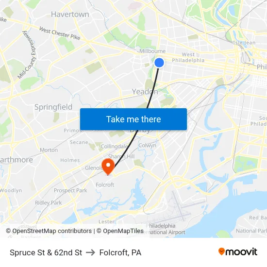 Spruce St & 62nd St to Folcroft, PA map