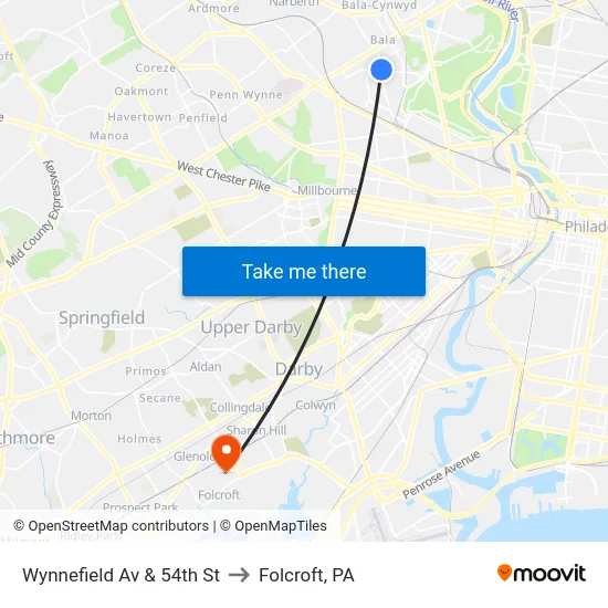 Wynnefield Av & 54th St to Folcroft, PA map