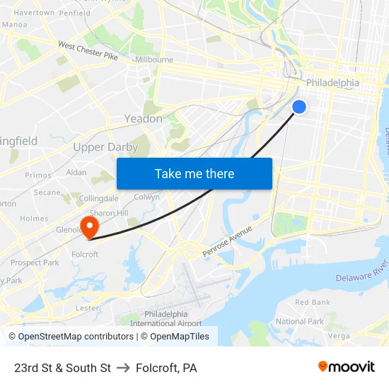 23rd St & South St to Folcroft, PA map